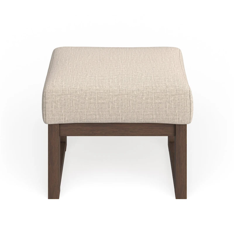 Tabouret ottoman rembourré de style Mid-Century Modern | Tissu beige clair | Pieds en bois massif