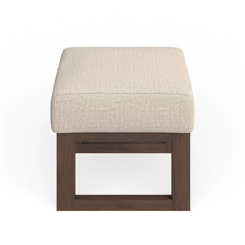 Tabouret ottoman rembourré de style Mid-Century Modern | Tissu beige clair | Pieds en bois massif