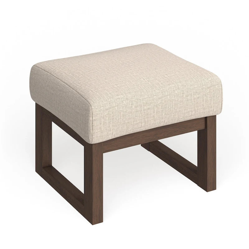 Tabouret ottoman rembourré de style Mid-Century Modern | Tissu beige clair | Pieds en bois massif