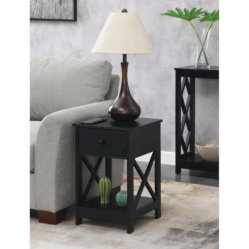 Table d'appoint style Oxford avec 1 tiroir et étagère ouverte | Plusieurs finitions | Table d'appoint compacte