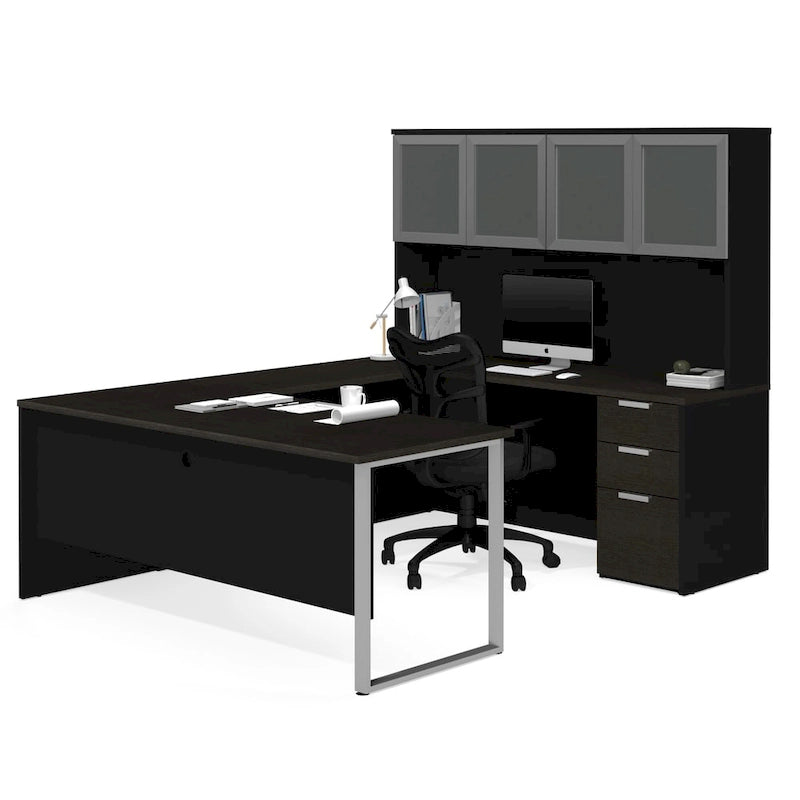 Bureau en U avec huche et porte en verre dépoli