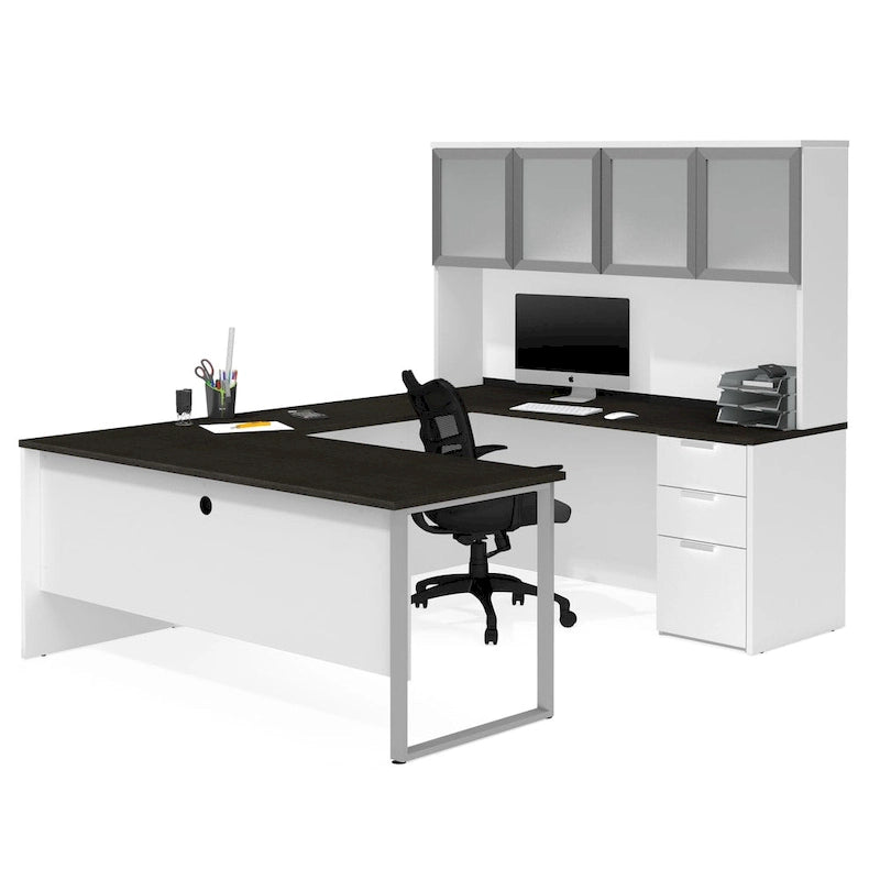 Bureau en U avec huche et porte en verre dépoli