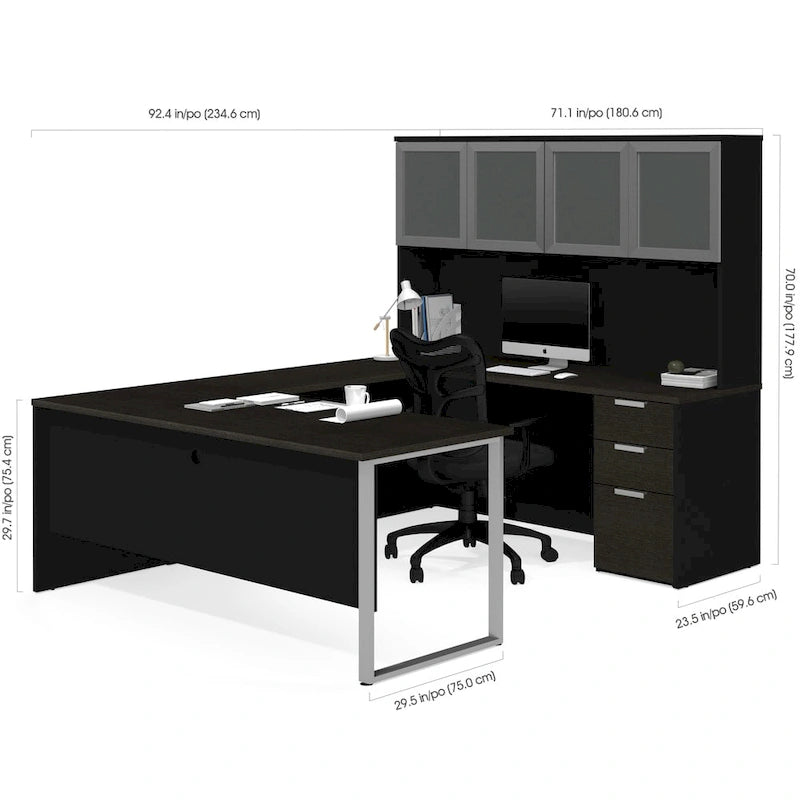 Bureau en U avec huche et porte en verre dépoli