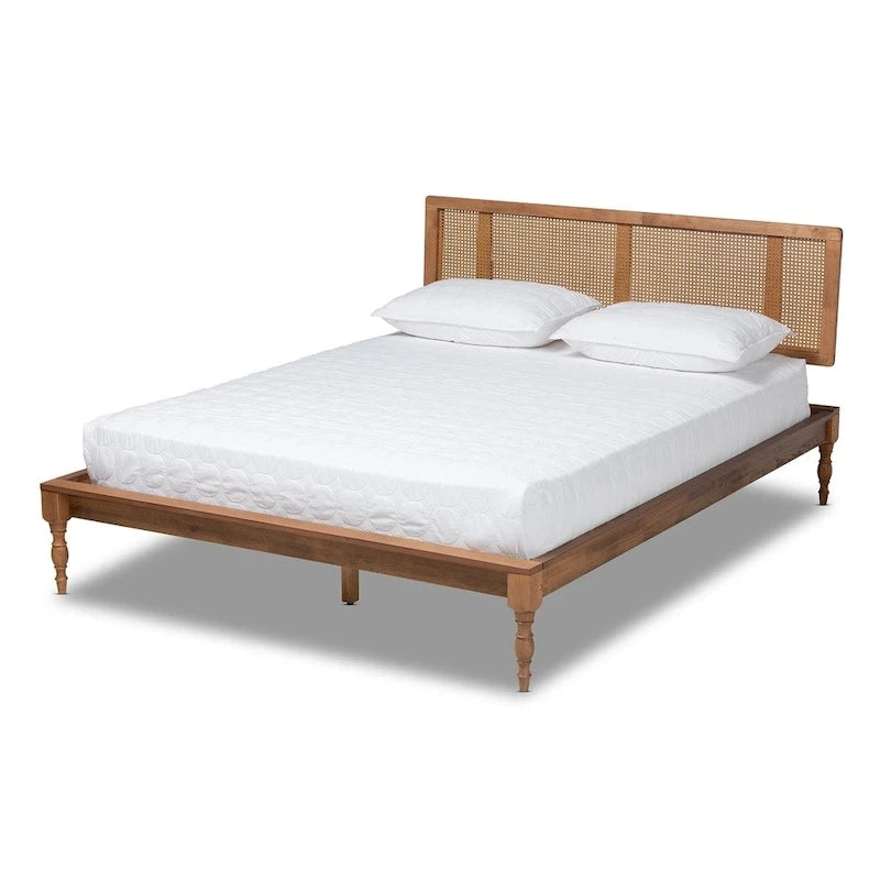 Lit plateforme en bois et rotin synthétique | Style bohème | Aucun sommier tapissier requis
