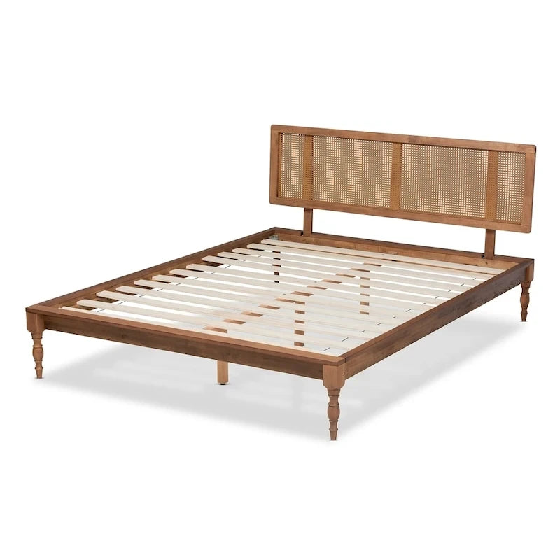 Lit plateforme en bois et rotin synthétique | Style bohème | Aucun sommier tapissier requis