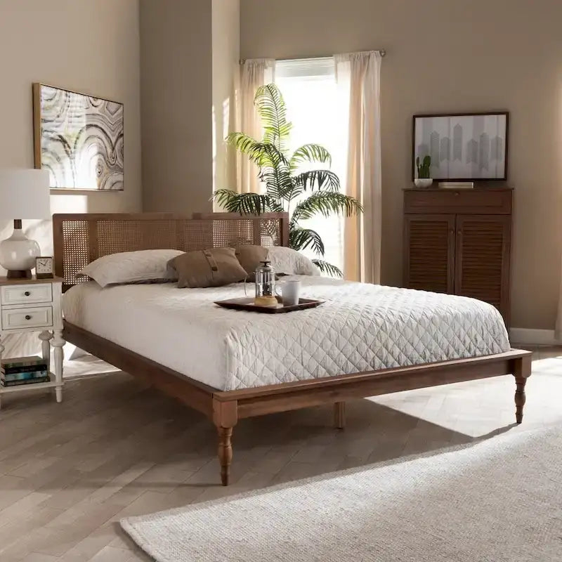 Lit plateforme en bois et rotin synthétique | Style bohème | Aucun sommier tapissier requis