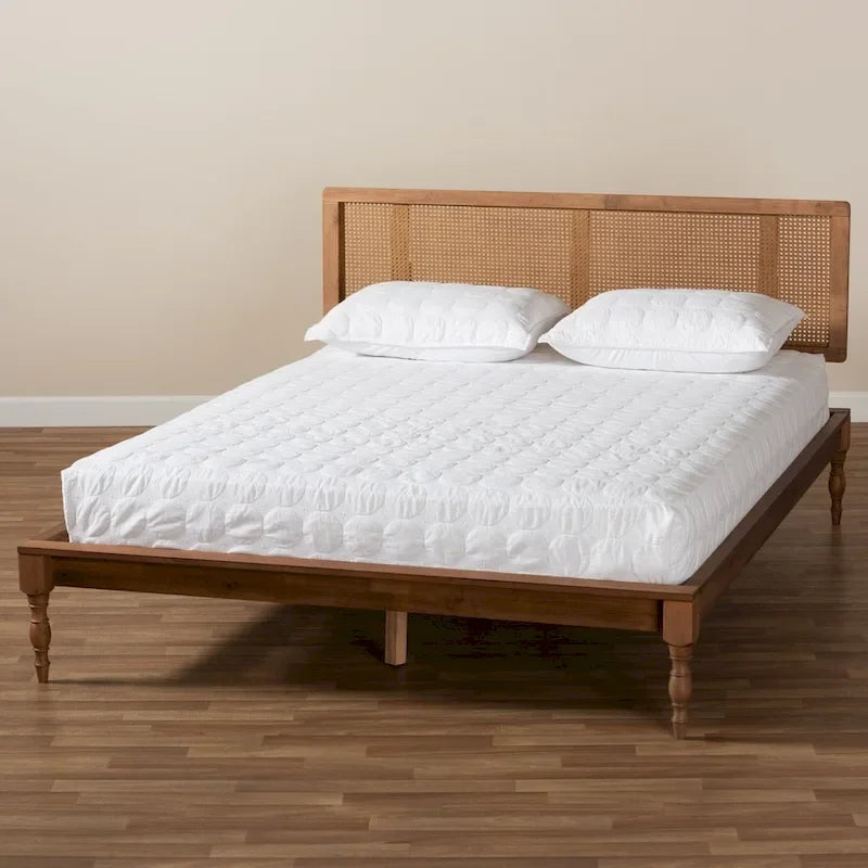 Lit plateforme en bois et rotin synthétique | Style bohème | Aucun sommier tapissier requis