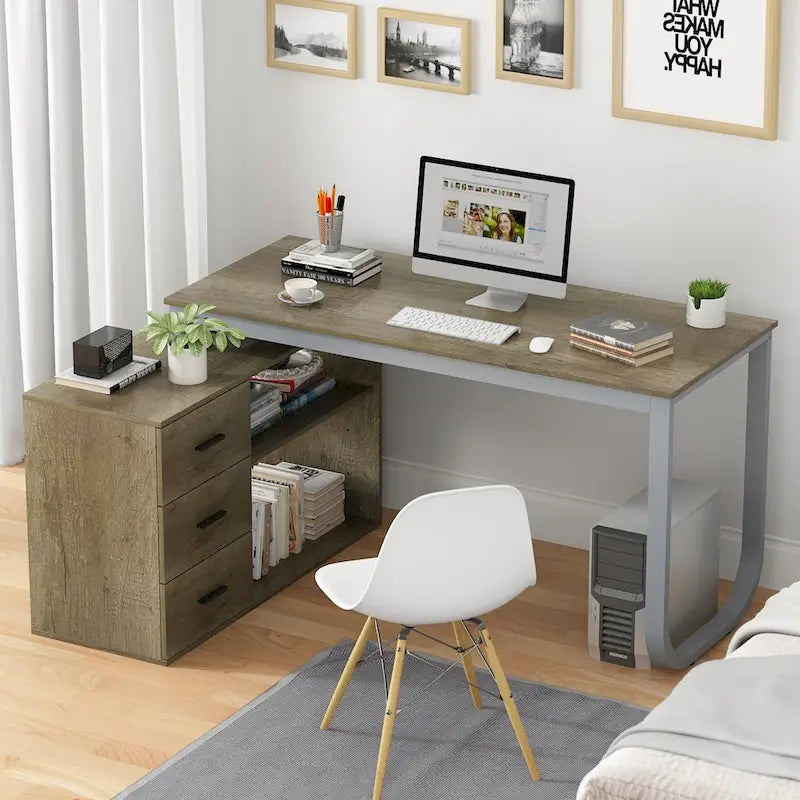 Bureau d'ordinateur d'angle en L de 140 cm avec tiroirs