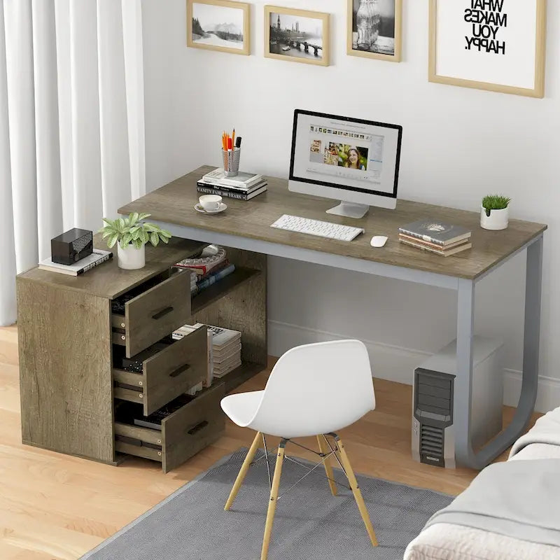 Bureau d'ordinateur d'angle en L de 140 cm avec tiroirs