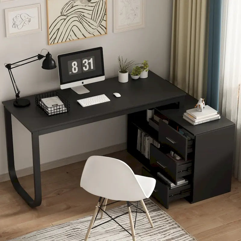Bureau d'ordinateur d'angle en L de 140 cm avec tiroirs