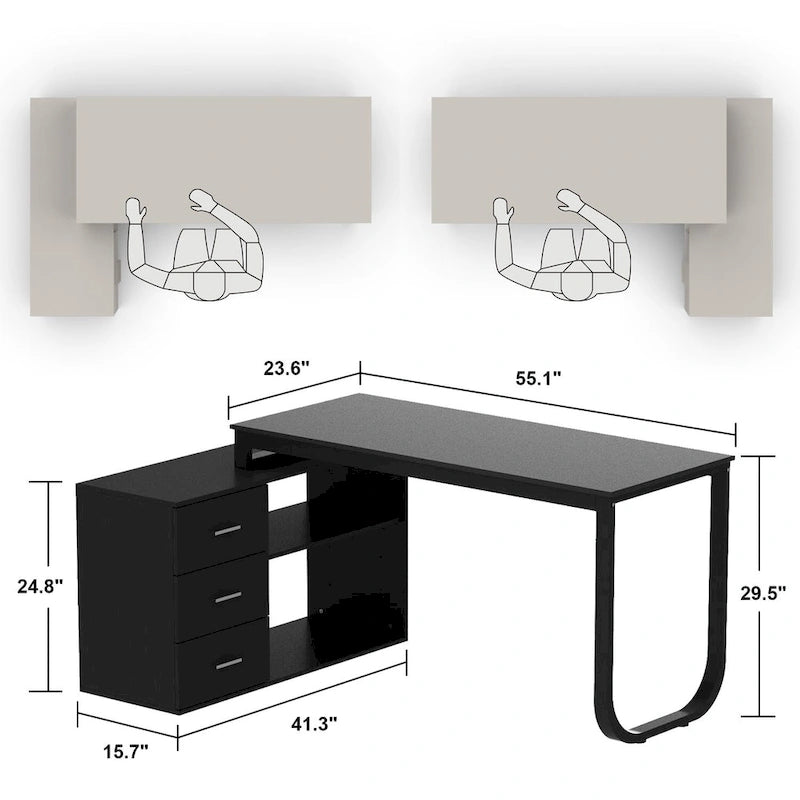 Bureau d'ordinateur d'angle en L de 140 cm avec tiroirs
