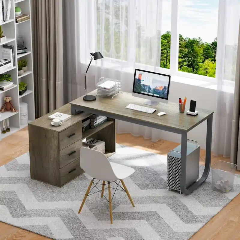Bureau d'ordinateur d'angle en L de 140 cm avec tiroirs