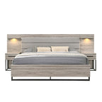 Lit escamotable mural en bois rembourré avec lumières LED blanches, 2 tables de chevet, gris vieilli