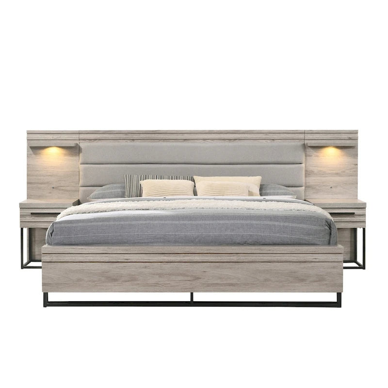 Lit escamotable mural en bois rembourré avec lumières LED blanches, 2 tables de chevet, gris vieilli