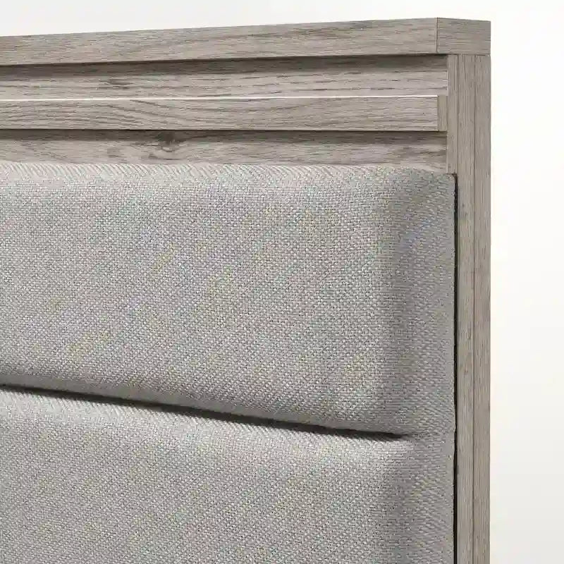 Lit escamotable mural en bois rembourré avec lumières LED blanches, 2 tables de chevet, gris vieilli