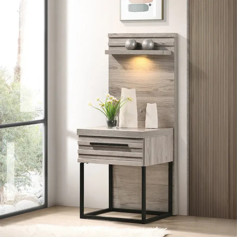 Lit escamotable mural en bois rembourré avec lumières LED blanches, 2 tables de chevet, gris vieilli