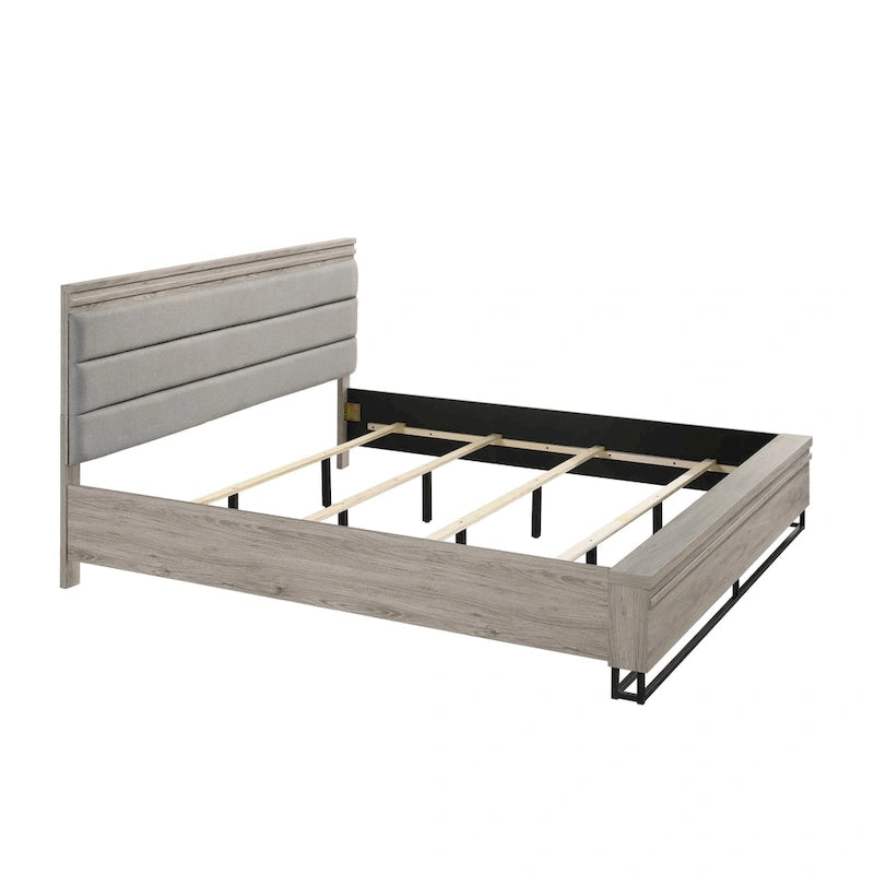 Lit escamotable mural en bois rembourré avec lumières LED blanches, 2 tables de chevet, gris vieilli
