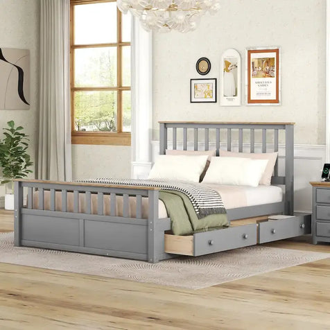 Lit plateforme Queen en bois avec deux tiroirs et lattes de bois, gris+naturel