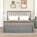 Lit plateforme Queen en bois avec deux tiroirs et lattes de bois, gris+naturel