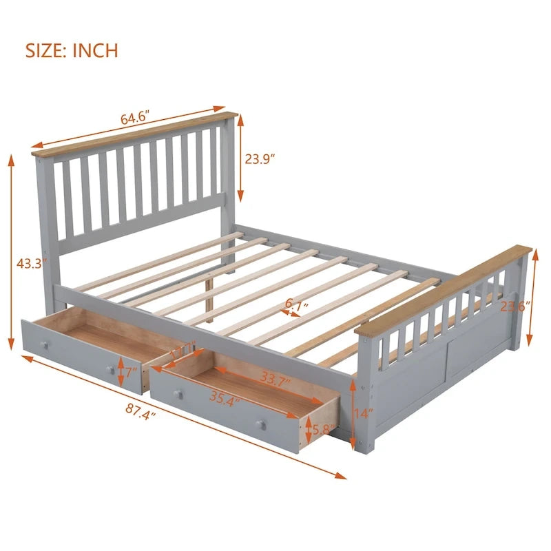 Lit plateforme Queen en bois avec deux tiroirs et lattes de bois, gris+naturel