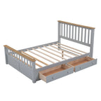 Lit plateforme Queen en bois avec deux tiroirs et lattes de bois, gris+naturel