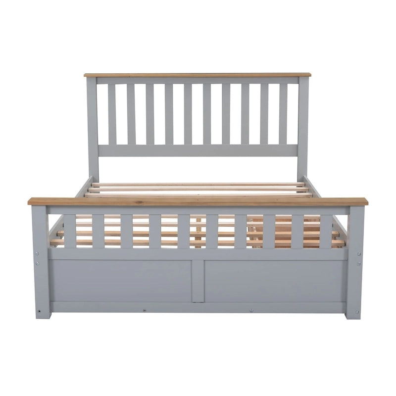 Lit plateforme Queen en bois avec deux tiroirs et lattes de bois, gris+naturel