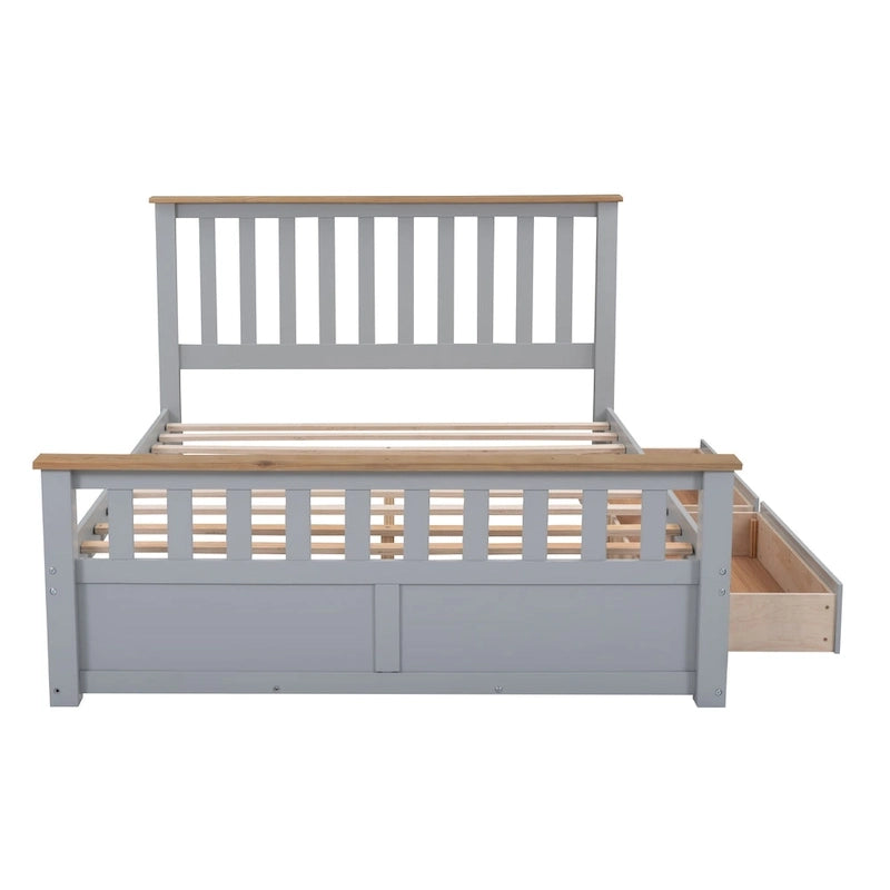 Lit plateforme Queen en bois avec deux tiroirs et lattes de bois, gris+naturel