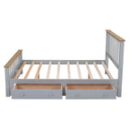 Lit plateforme Queen en bois avec deux tiroirs et lattes de bois, gris+naturel