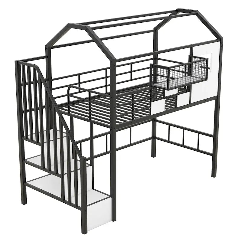 Lit mezzanine en métal avec toit et coffre de rangement, Lit simple, Noir
