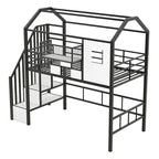 Lit mezzanine en métal avec toit et coffre de rangement, Lit simple, Noir