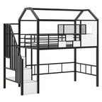 Lit mezzanine en métal avec toit et coffre de rangement, Lit simple, Noir