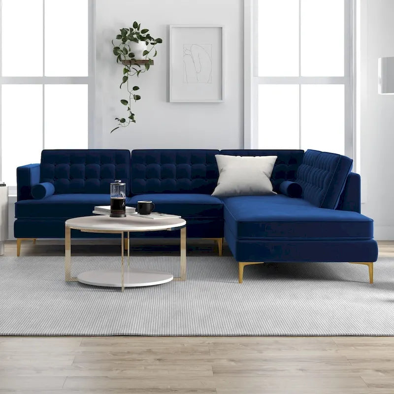 Canapé d'angle de salon moderne capitonné en velours bleu marine