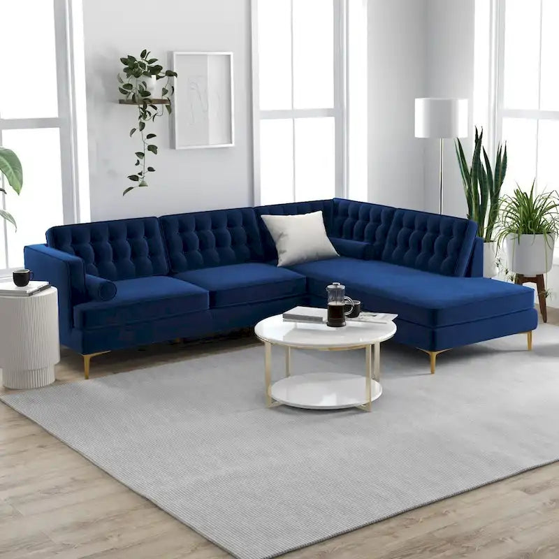 Canapé d'angle de salon moderne capitonné en velours bleu marine