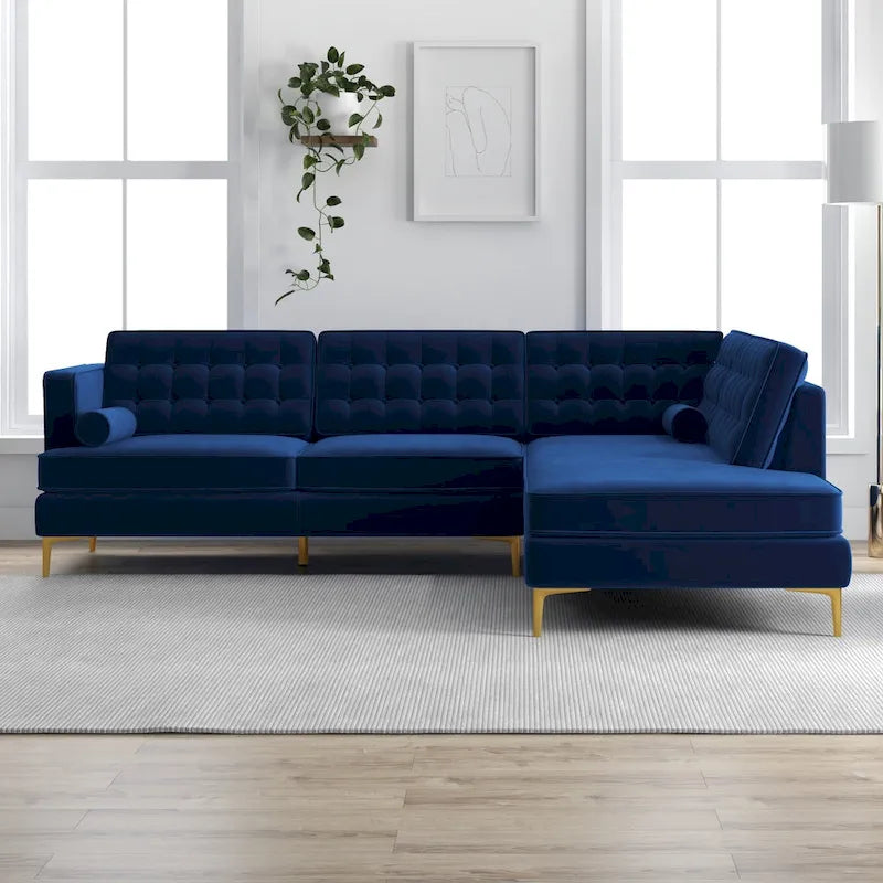 Canapé d'angle de salon moderne capitonné en velours bleu marine