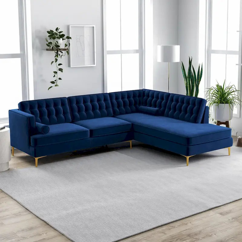 Canapé d'angle de salon moderne capitonné en velours bleu marine