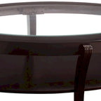 Table basse de cocktail ovale en bois, avec insert en verre et étagère ouverte, brun expresso