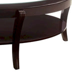 Table basse de cocktail ovale en bois, avec insert en verre et étagère ouverte, brun expresso