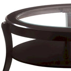 Table basse de cocktail ovale en bois, avec insert en verre et étagère ouverte, brun expresso
