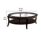 Table basse de cocktail ovale en bois, avec insert en verre et étagère ouverte, brun expresso