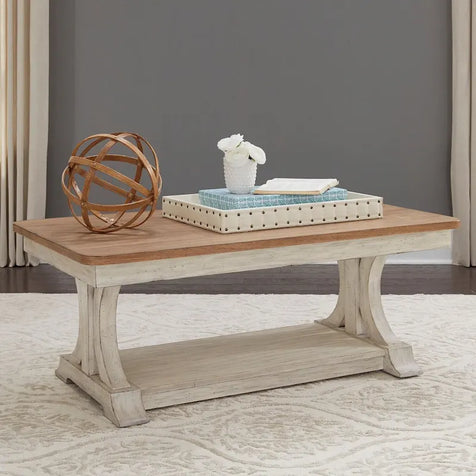 Table basse rectangulaire Farmhouse Reimagined blanc antique avec plateau couleur châtaigne