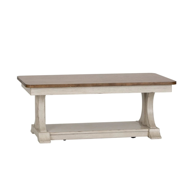 Table basse rectangulaire Farmhouse Reimagined blanc antique avec plateau couleur châtaigne