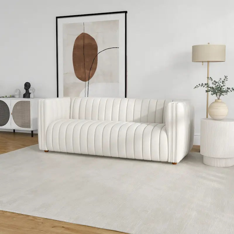 Canapé Rasam mi-siècle moderne de luxe, dossier capitonné serré en bouclette française crème