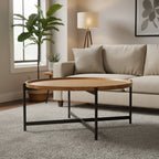 Marquisa Medium Brown Solid Wood w/ Black Iron Frame 42 Round Coffee Table - 42L x 42W x 19H