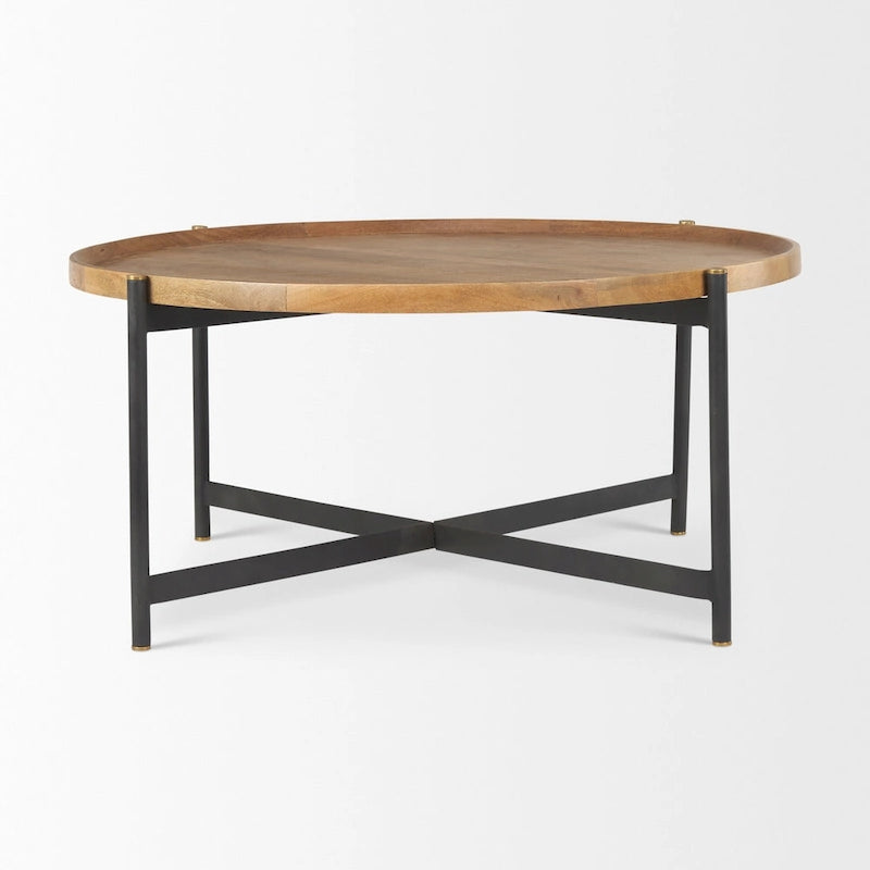 Table basse ronde 42 po en bois massif brun moyen Marquisa avec cadre en fer noir - 42L x 42P x 19H