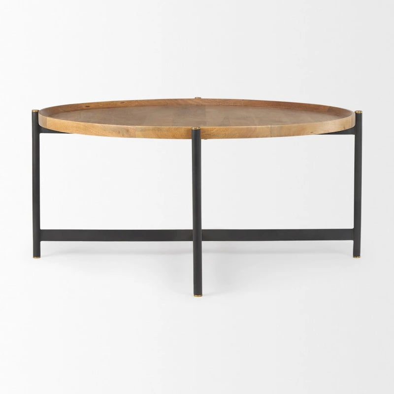 Table basse ronde 42 po en bois massif brun moyen Marquisa avec cadre en fer noir - 42L x 42P x 19H