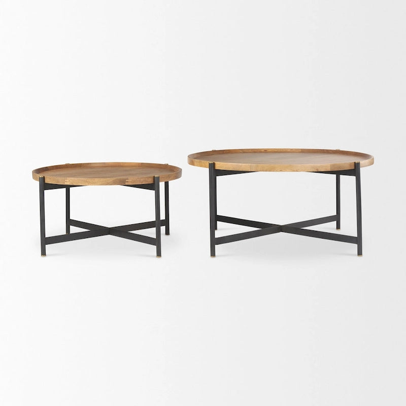 Table basse ronde 42 po en bois massif brun moyen Marquisa avec cadre en fer noir - 42L x 42P x 19H