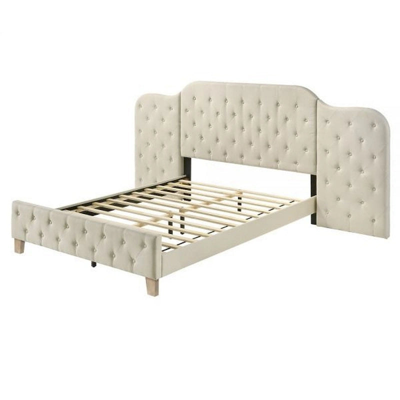 Lit queen size de 75 po, tête de lit murale, rembourrage en lin touffeté beige