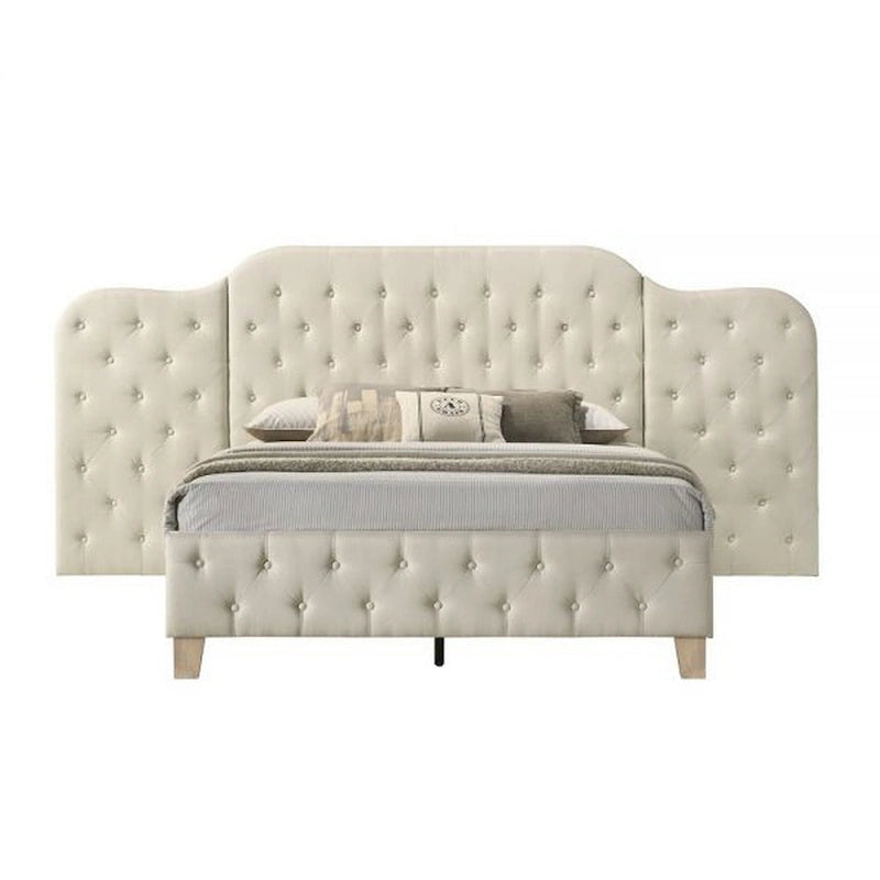 Lit queen size de 75 po, tête de lit murale, rembourrage en lin touffeté beige