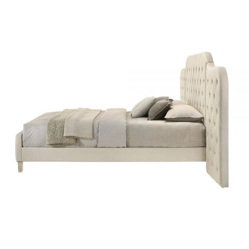Lit queen size de 75 po, tête de lit murale, rembourrage en lin touffeté beige