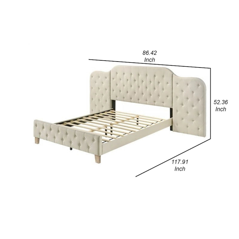 Lit queen size de 75 po, tête de lit murale, rembourrage en lin touffeté beige